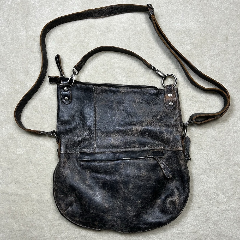 Bed Stu Tahiti Black Luxe Distressed Leather Fold Over Crossbody Bag Shoulder